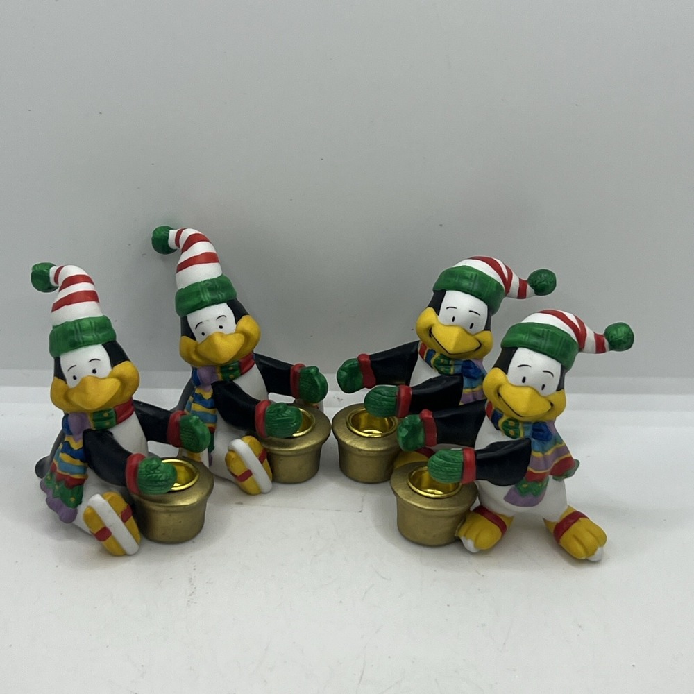 Vintage 1995 Penguin Christmas Candle Holders Set Of 4